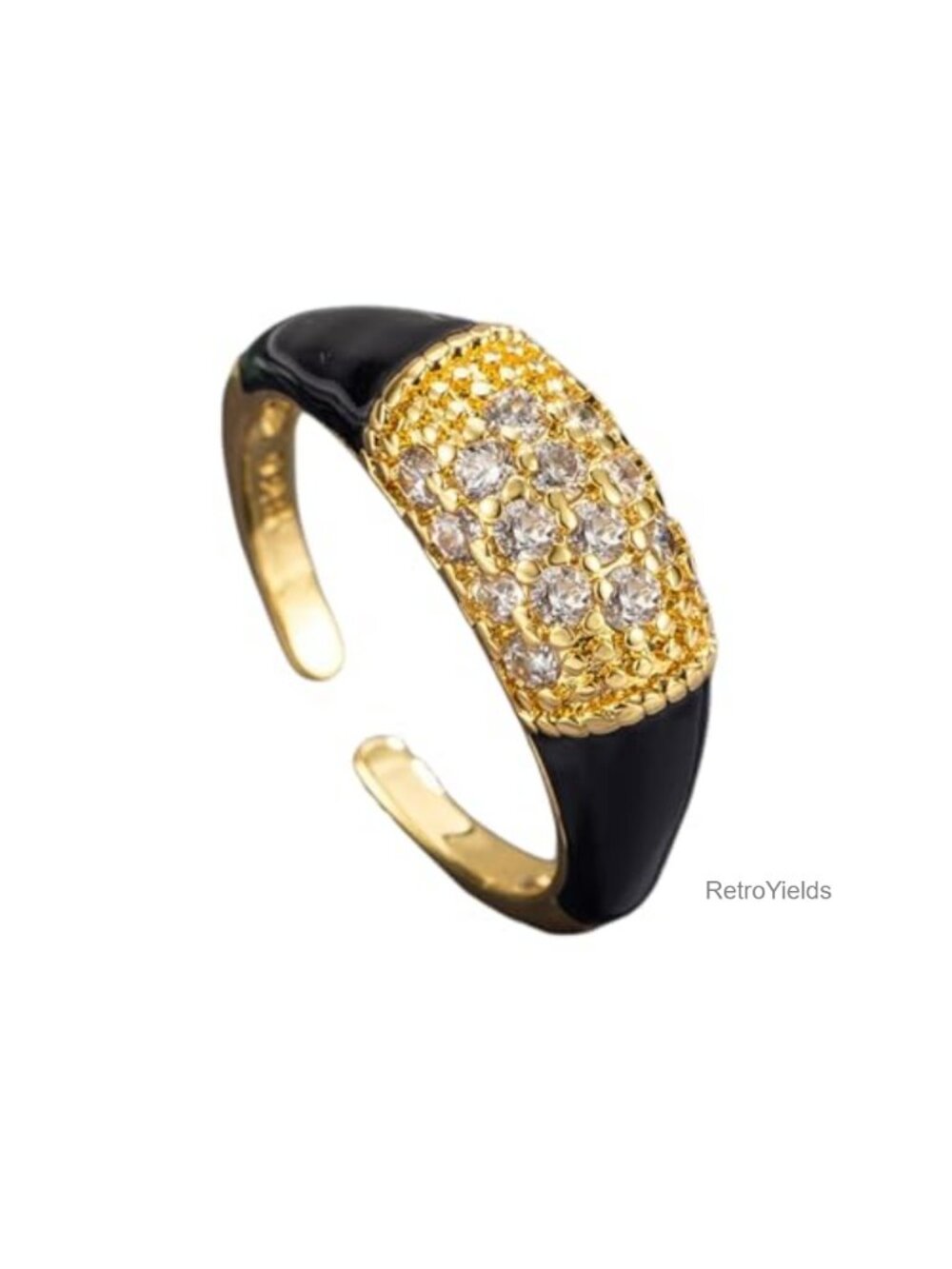 Adjustable Open Band Ring with Gold Zircon & Enamel